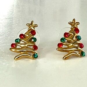 Vintage Gold Christmas Tree Rhinestone Earrings Red Green Holiday Festive Gift
